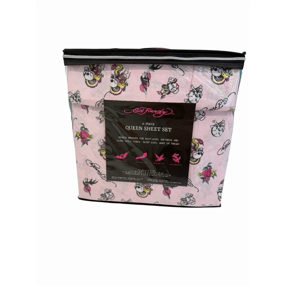 Ed Hardy 6-Piece Pink QUEEN Sheet Set Skull Bunny w/4 Pillowcases  New